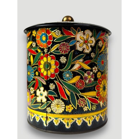Vintage English Tin Container W/ Lid & Floral Design England Gold Interior - Picture 7 of 13